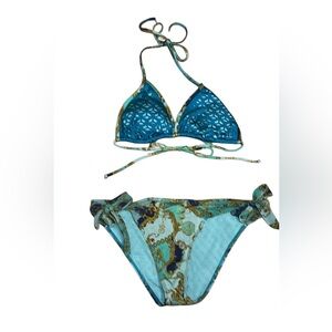 Victoria’s Secret 2 piece Bikini, Gold and Teal triangle swim set, Medium
